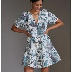 Anthropologie Pilcro Linen Cotton Puff Sleeve Mini Dress Raw Hem Size Small